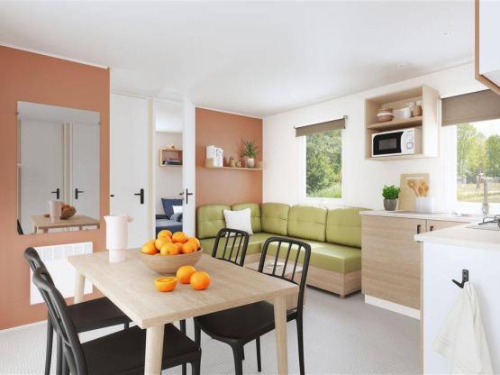 Mobilheim L'Aigoual PREMIUM 33m² (3 Zimmer) + Halbüberdachte Terrasse 18m² + TV + Geschirrspüler