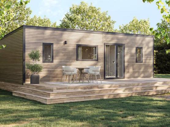 Mobilheim Premium 6p mit überdachter Terrasse, 3 Schlafzimmer, Klimaanlage, Geschirrspüler, TV