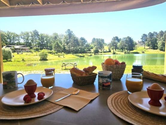 Premium-Mobilheim mit Blick auf den Teich