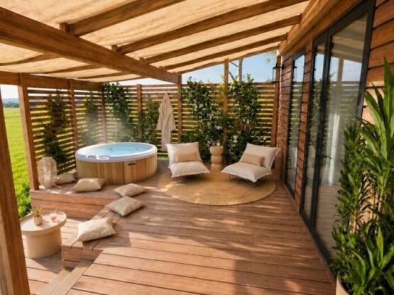 Mobilheim „Cocoon“ mit 2 Schlafzimmern und 2 Bädern | PREMIUM+ – 33 m² – Spa – Klimaanlage – TV – Waschmaschine – Plancha – überdachte Terrasse – Reisepaket