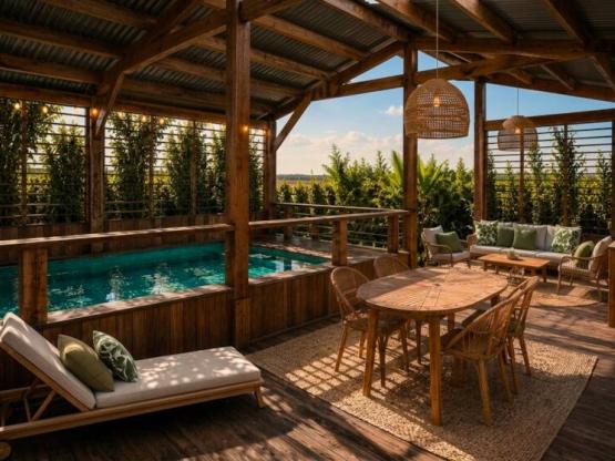 Mobilheim Lagoon 2 Schlafzimmer | PREMIUM+ – 31 m² – Mini-Pool – Klimaanlage – überdachte Terrasse 70 m² – Paket Travel