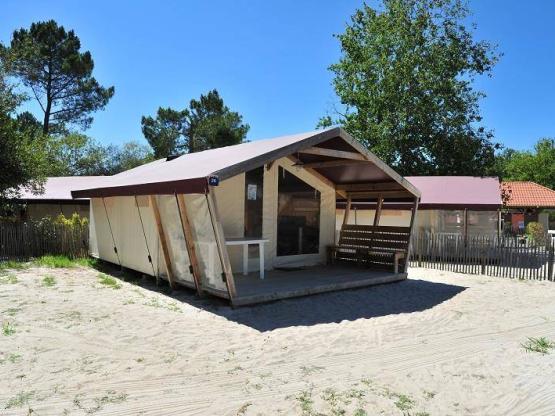 Hout/canvas tent NATURE Confort 30m² -2 slaapkamers + overdekt terras + Afvoer zonder privé sanitair