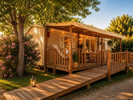 Mobilheim PMR Confort 35m² + klimaanlage (2 zimmer) behindertengerecht + überdachte Terrasse + TV